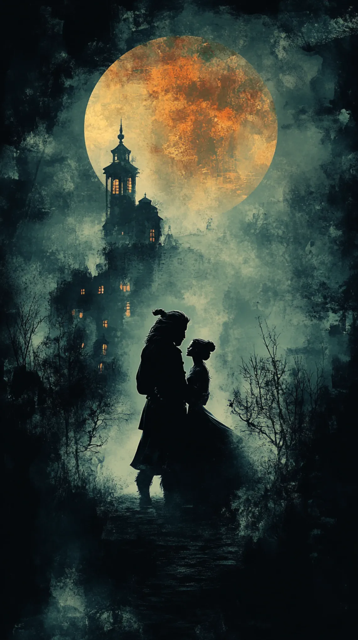 Beauty and the Beast in a realistic, 19th-century-inspired movie poster.