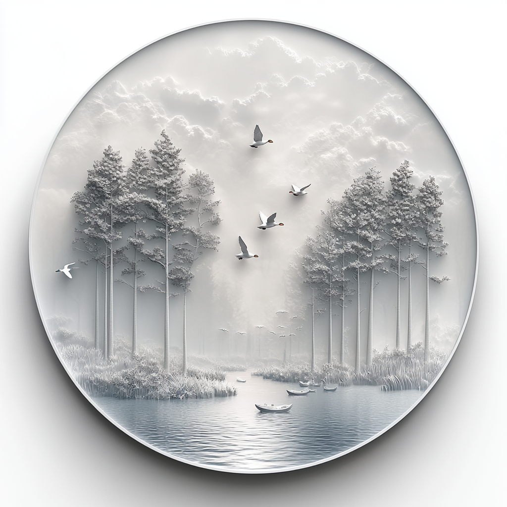 Round aluminum art of flying ducks, trees, and a lake, 3D effect on white background.