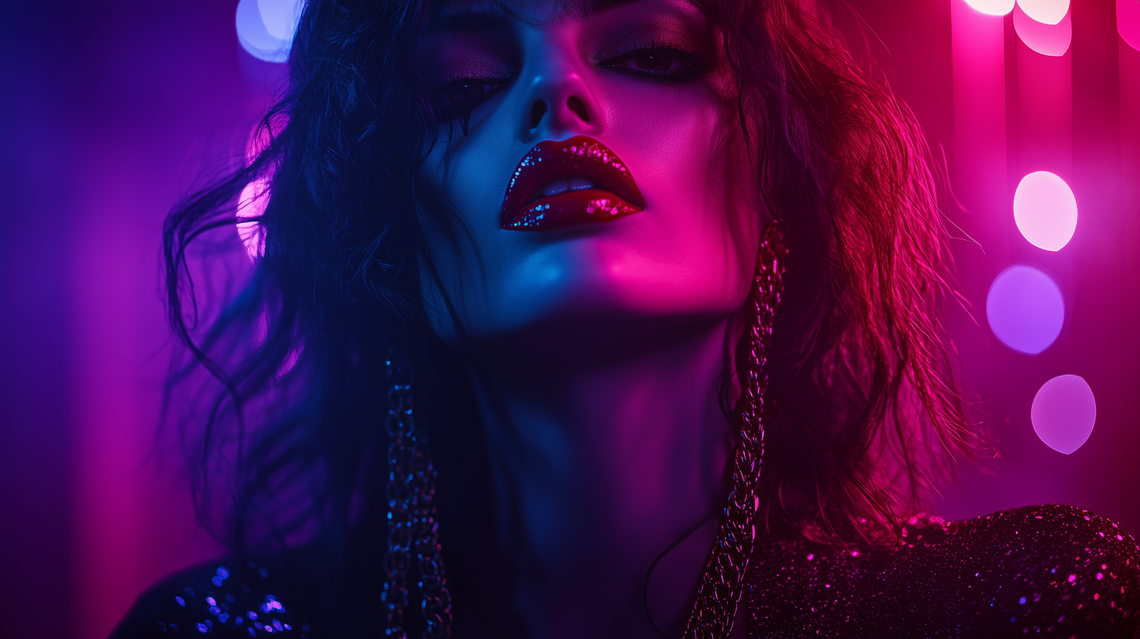 1980s Parisian woman in a neon-lit nightclub, with bold red nails, layered gold chains, glossy red lips, and a sequined dress