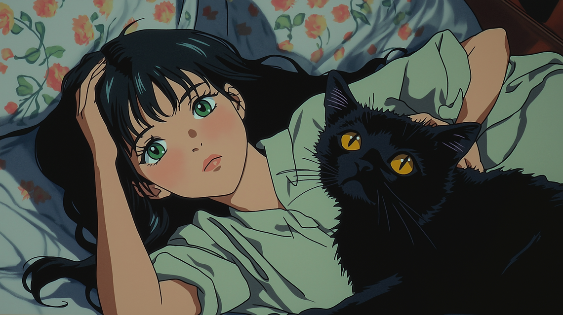 Japanese girl with long black wavy hair and green eyes sitting in room with black cat with yellow eyes, in '90s anime style