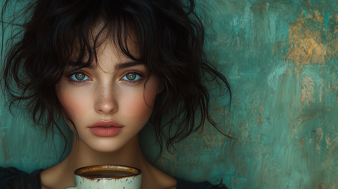 Beautiful woman with short curly hair from the 90s holding a coffee cup