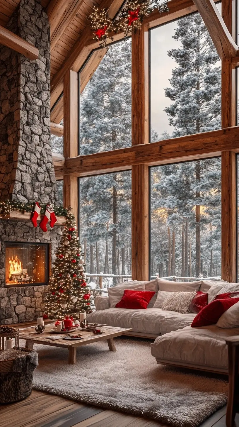 Cozy living room with festive Christmas tree next to charming fireplace, exuding warmth and holiday cheer.