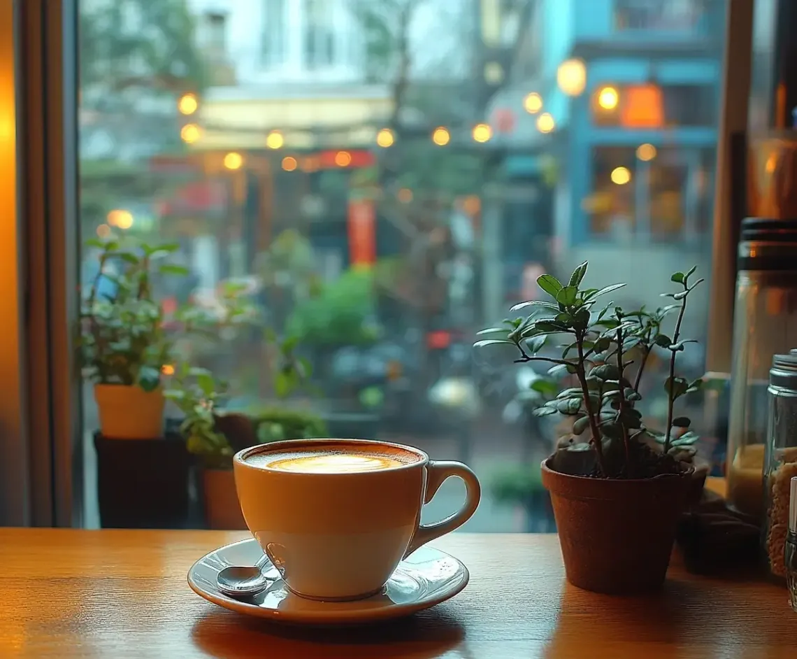 Cup of fresh coffee on a saucer atop a polished wooden table, creating a scene of tranquility and simplicity.