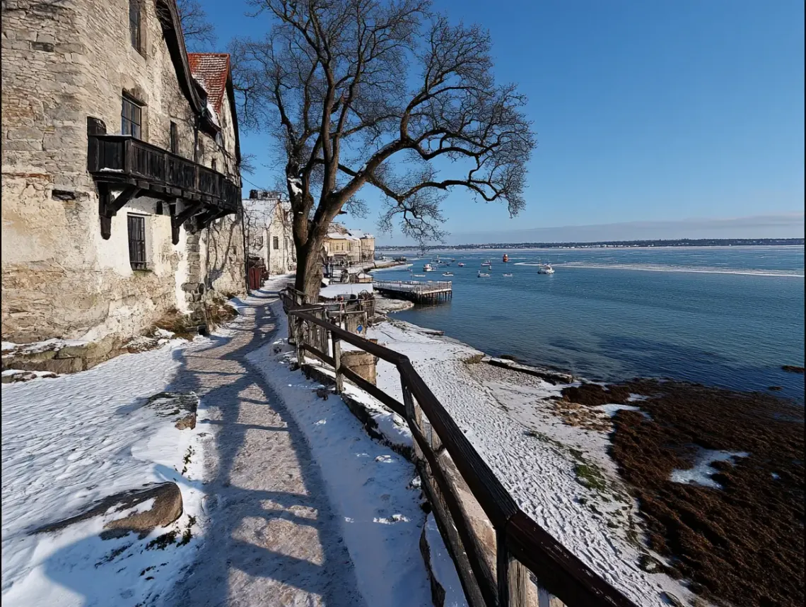 "Serene path beside a body of water surrounded by lush greenery under a clear blue sky"