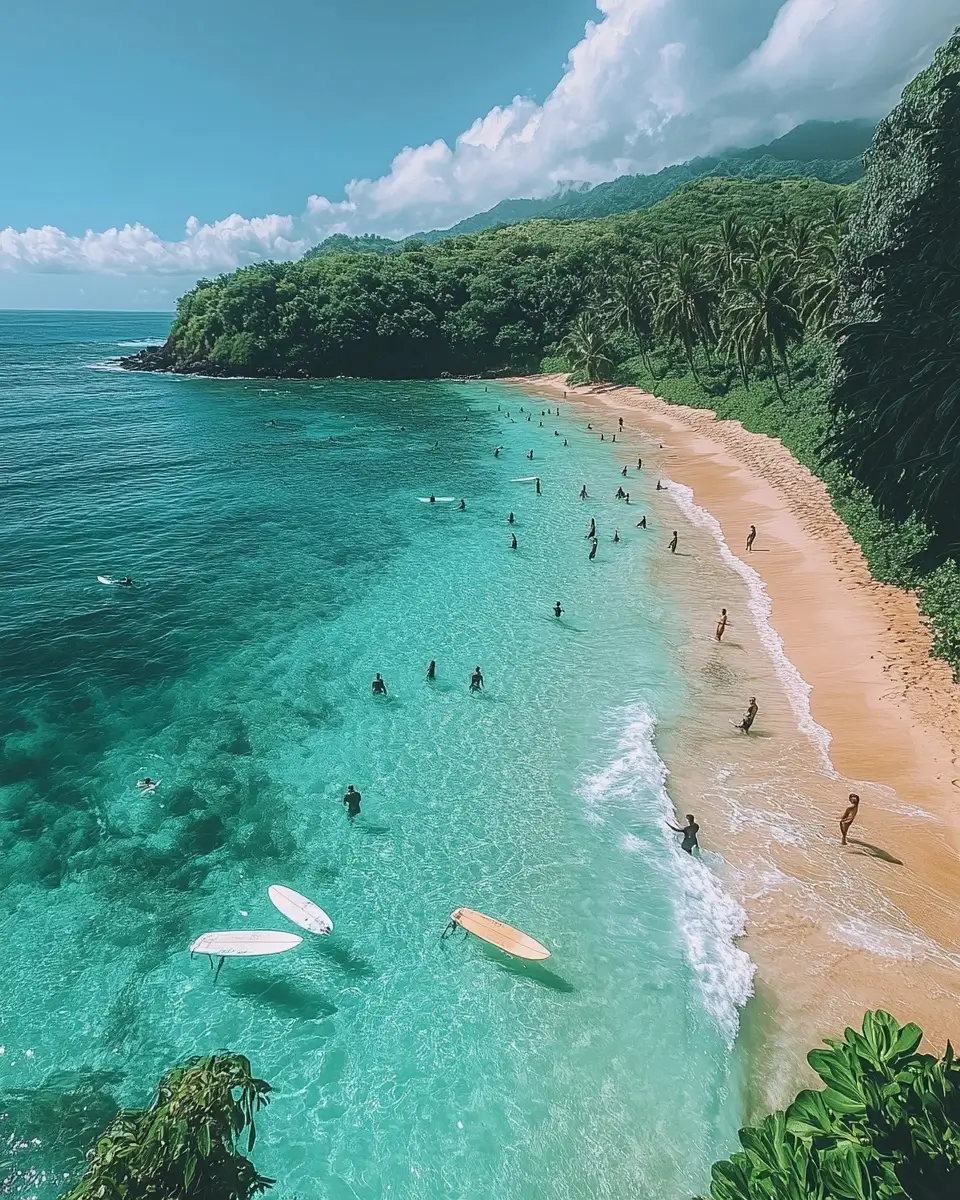 Vibrant beach scene with people swimming in clear waters, surfboards on the sand, and a bright sunny day.