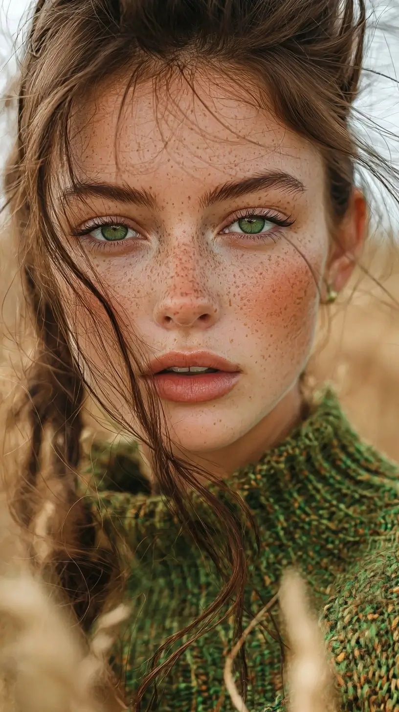 Woman with freckles looking straight at the camera, wearing a green sweater against a plain background.