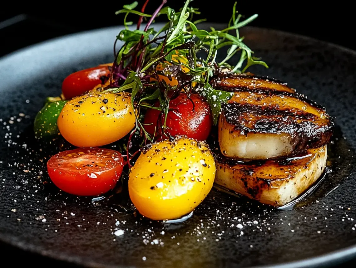 "Beautifully presented plate of fresh vegetables with a focus on tomatoes, implying a healthy delicious meal."