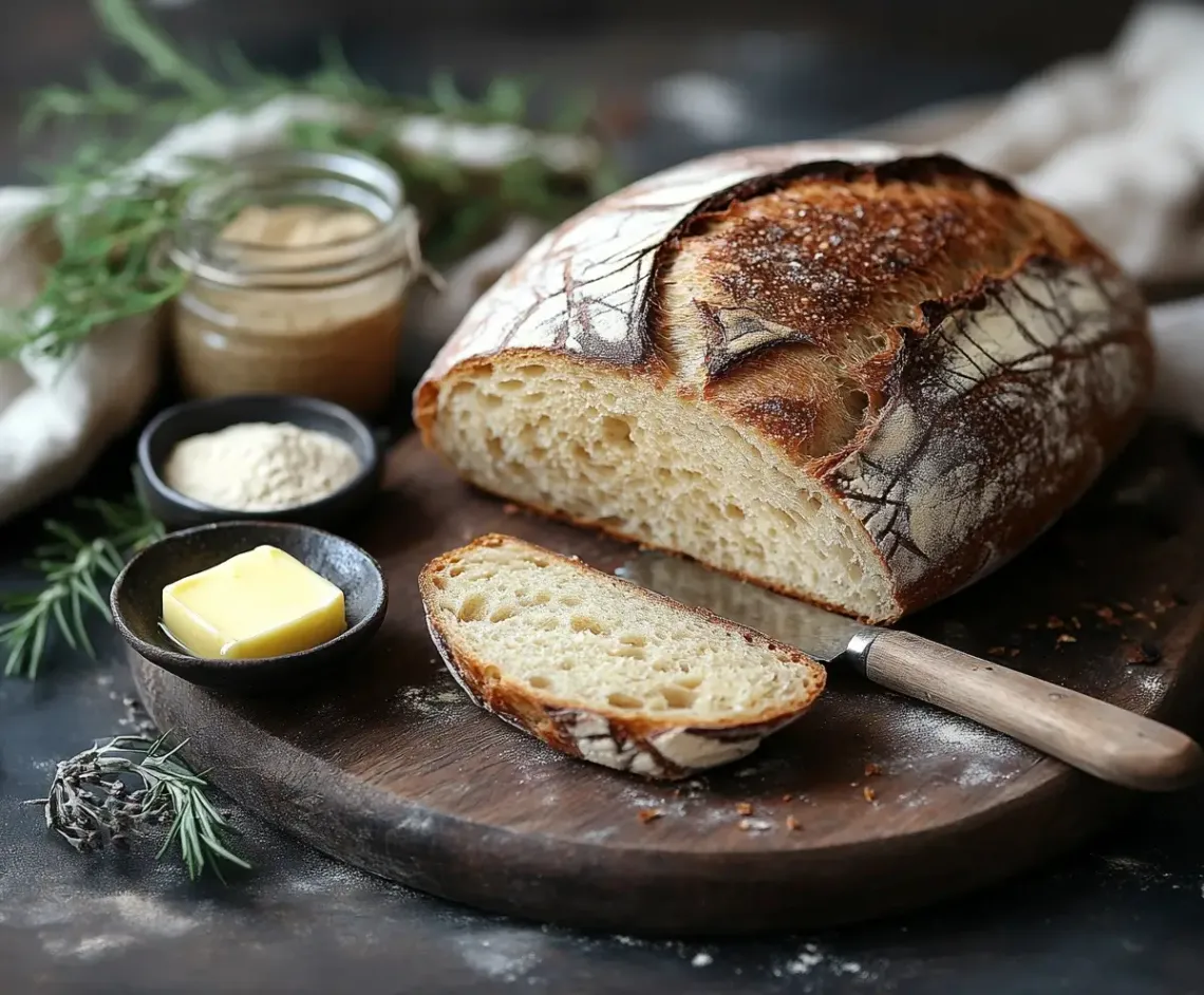 Loaf of bread, knife, and butter on a wooden cutting board, in a kitchen, preparing for a meal.