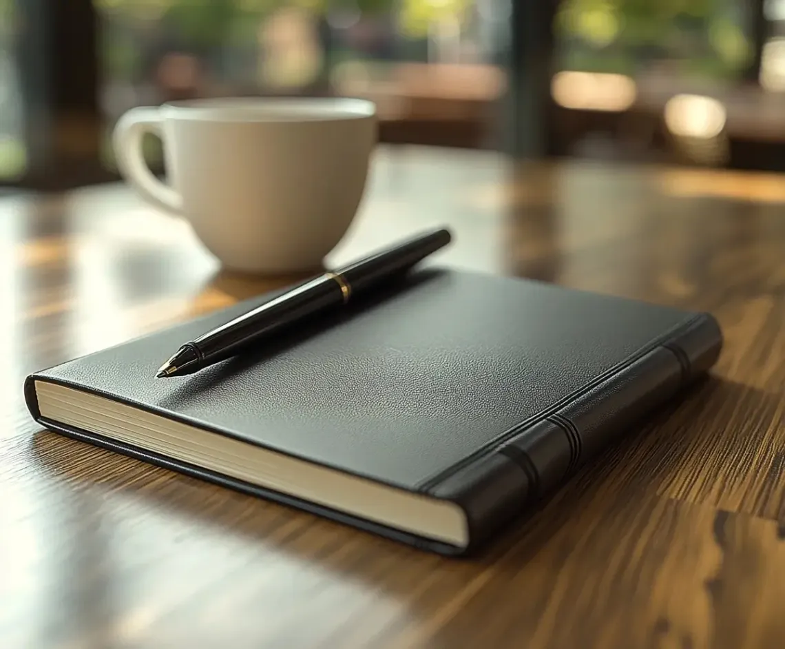 Black ballpoint pen and closed notebook neatly arranged on a smooth wooden table in an indoor setting.