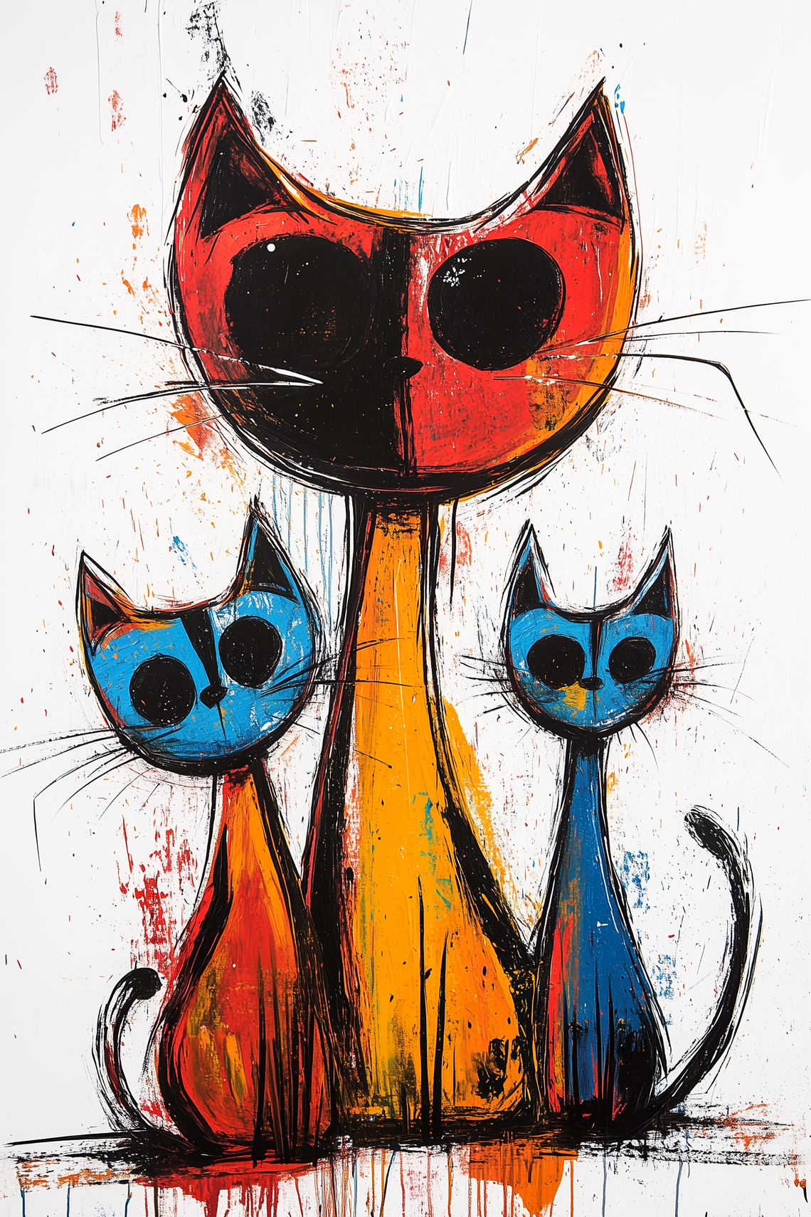 Colorful abstract expressionist painting of a cat family with three cats