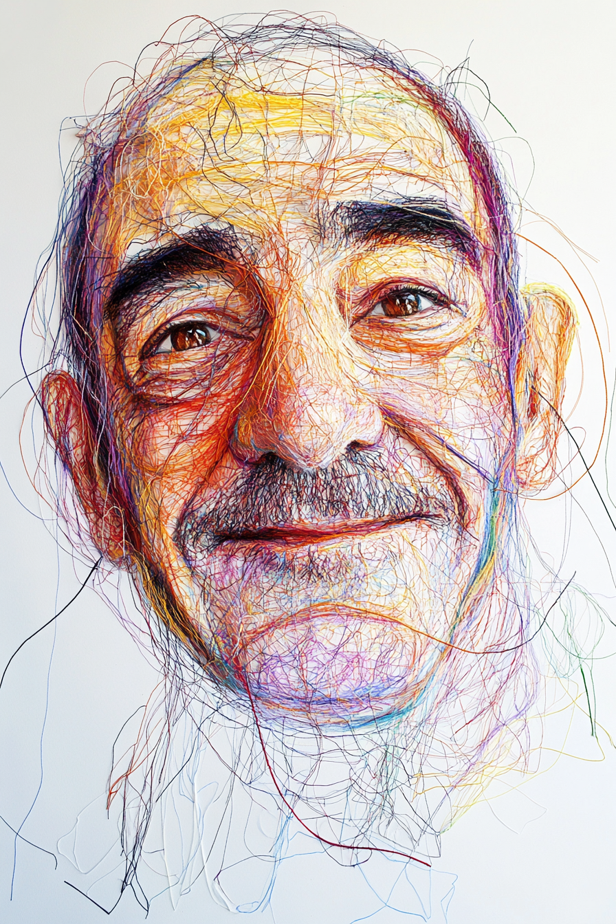 Portrait of a smiling Turkish man in his 50s formed by colorful, scattered textile threads on white background