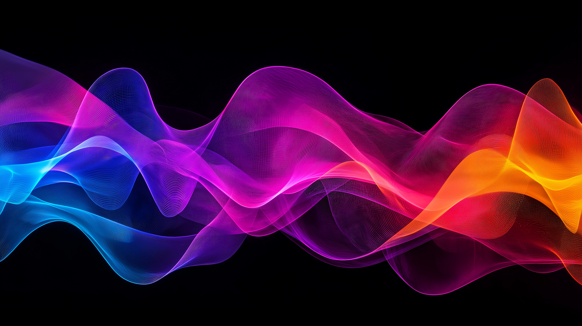 Abstract colorful waves symbolizing music frequencies against a dark background, high contrast