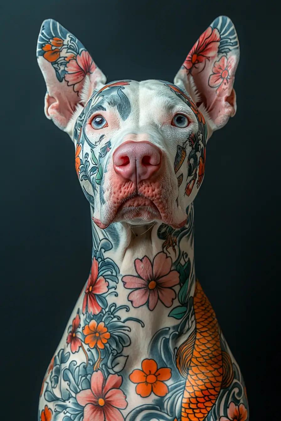 A striking portrait of an albino Doberman adorned with vibrant Japanese tattoos of flowers and koi fish.