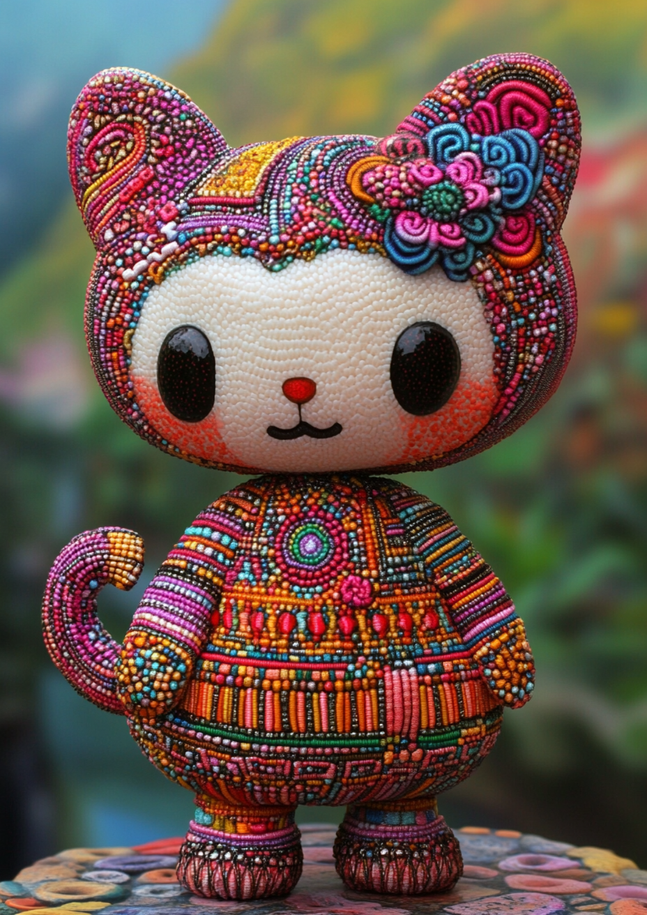 Hello Kitty reimagined in vibrant, traditional alebrije style with intricate, hyperdetailed patterns.