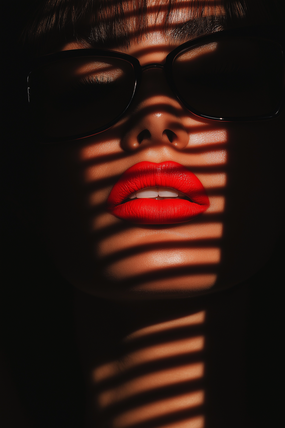 Woman with red lipstick, soft studio lighting, dark background, beauty portrait