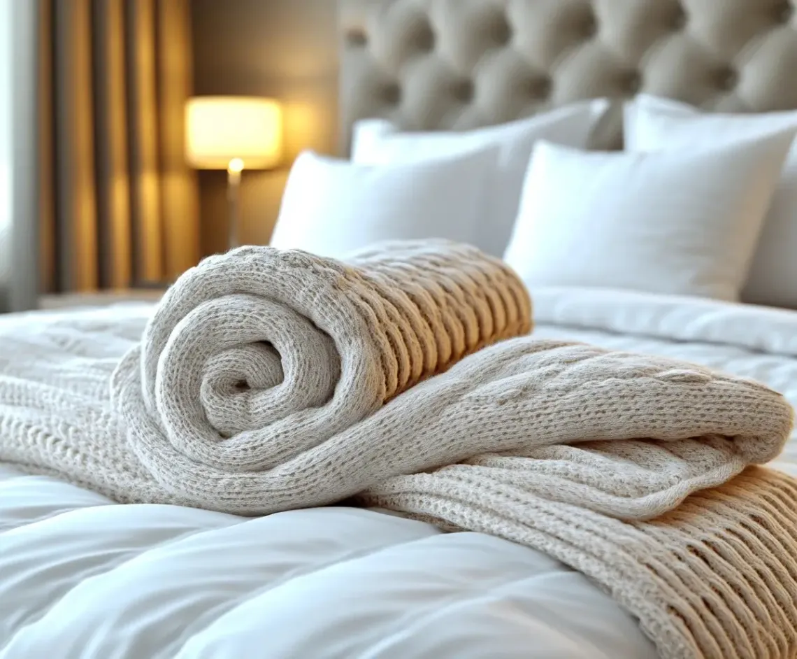 Neatly folded blanket on a well-made bed surrounded by fluffy pillows in a serene white and beige color scheme.