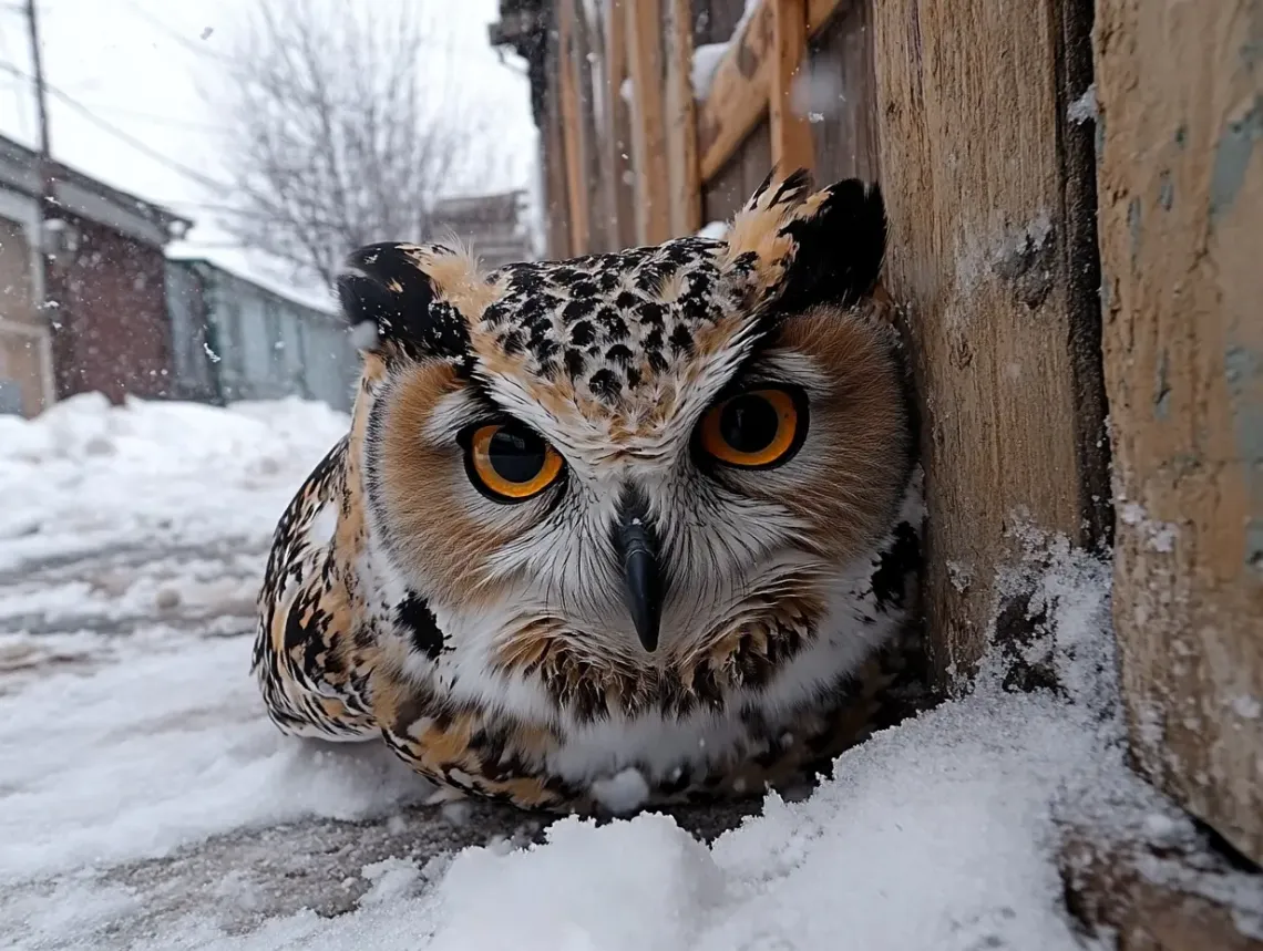 "Majestic owl perched calmly on snowy ground, its dark feathers contrasting starkly with the undisturbed white snow."