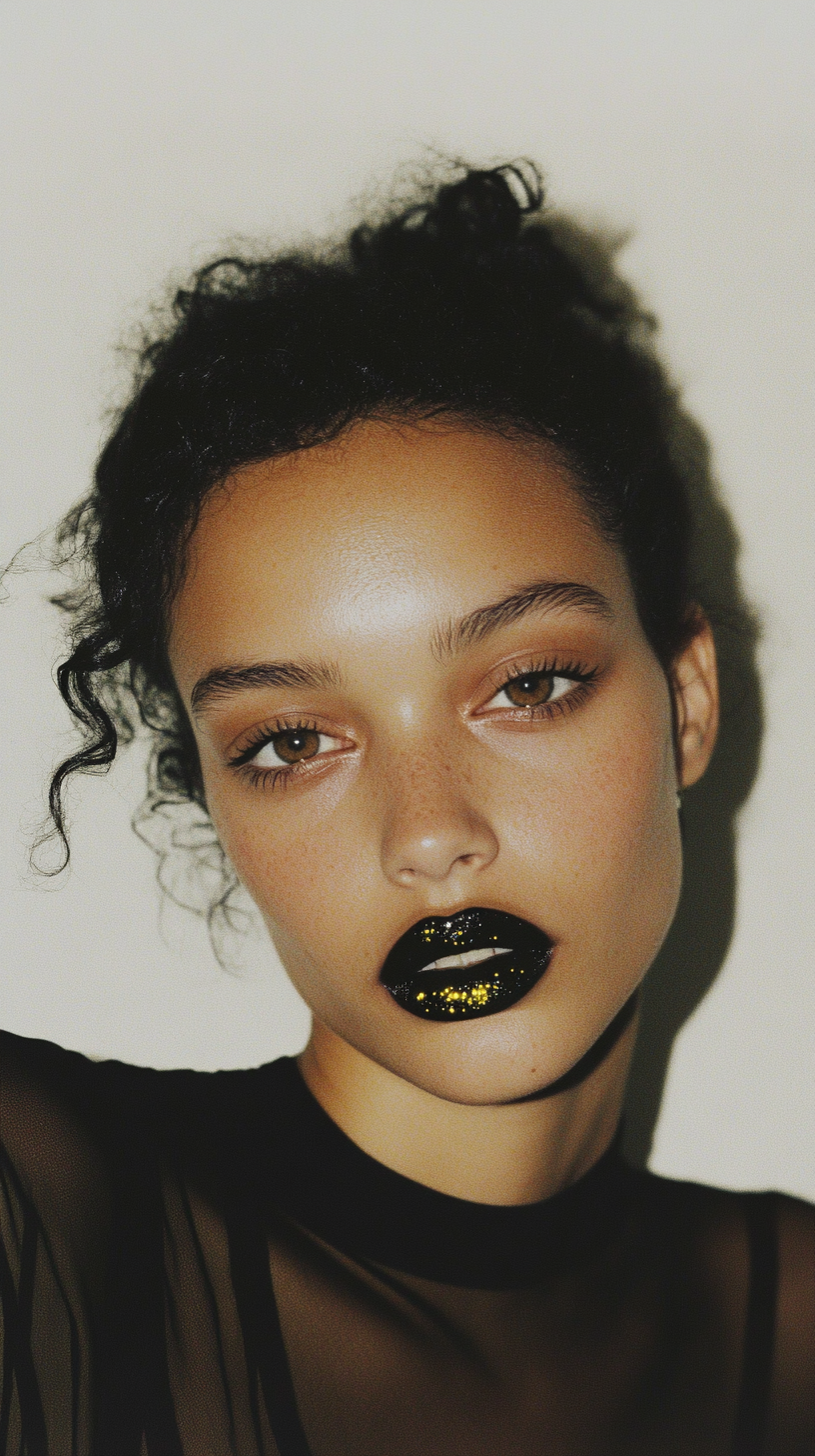 Frontal shot of edgy model with black lipgloss and yellow glitter, visible skin texture, shot on film