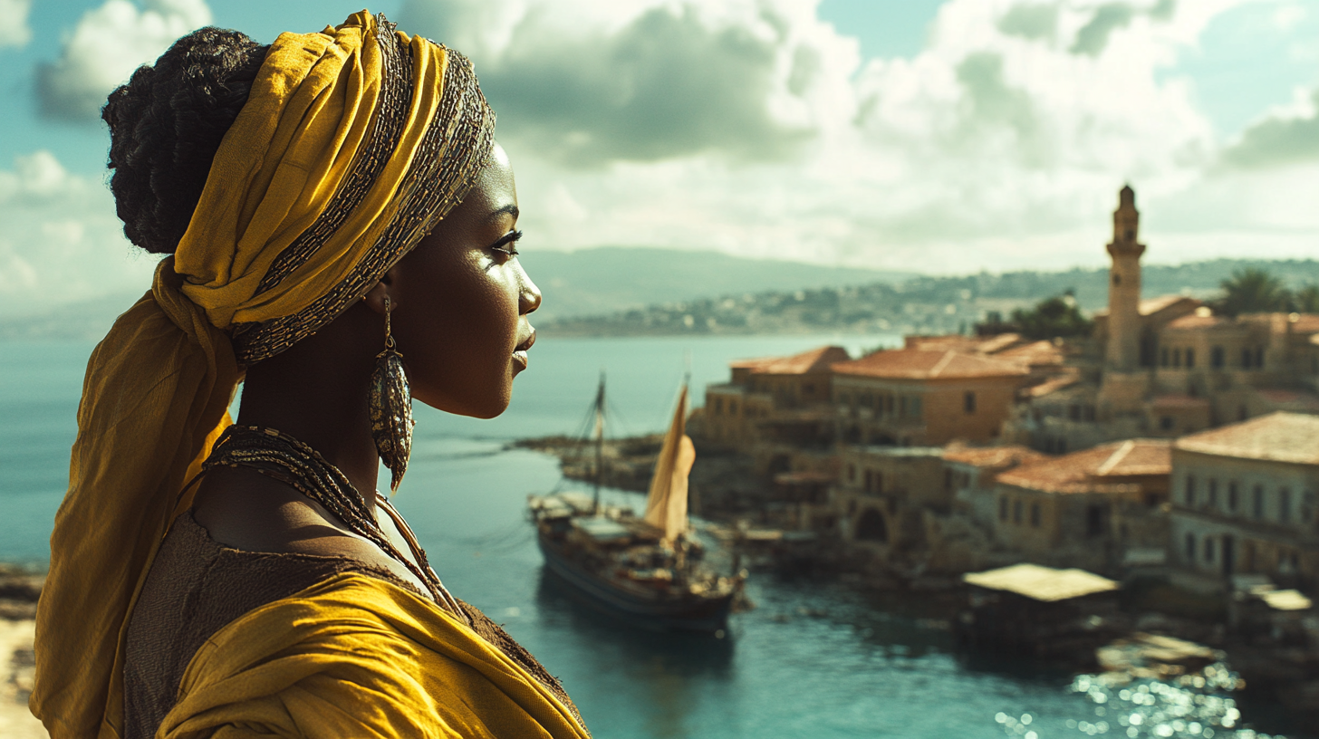 A hyper-realistic portrait of an ancient Black woman gazing over the ancient fishing town of Galilee.