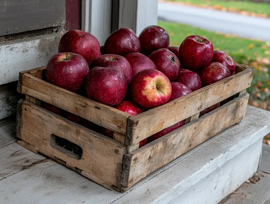 Wooden crate filled with vibrant red apples neatly stacked, placed on a rustic wooden porch.