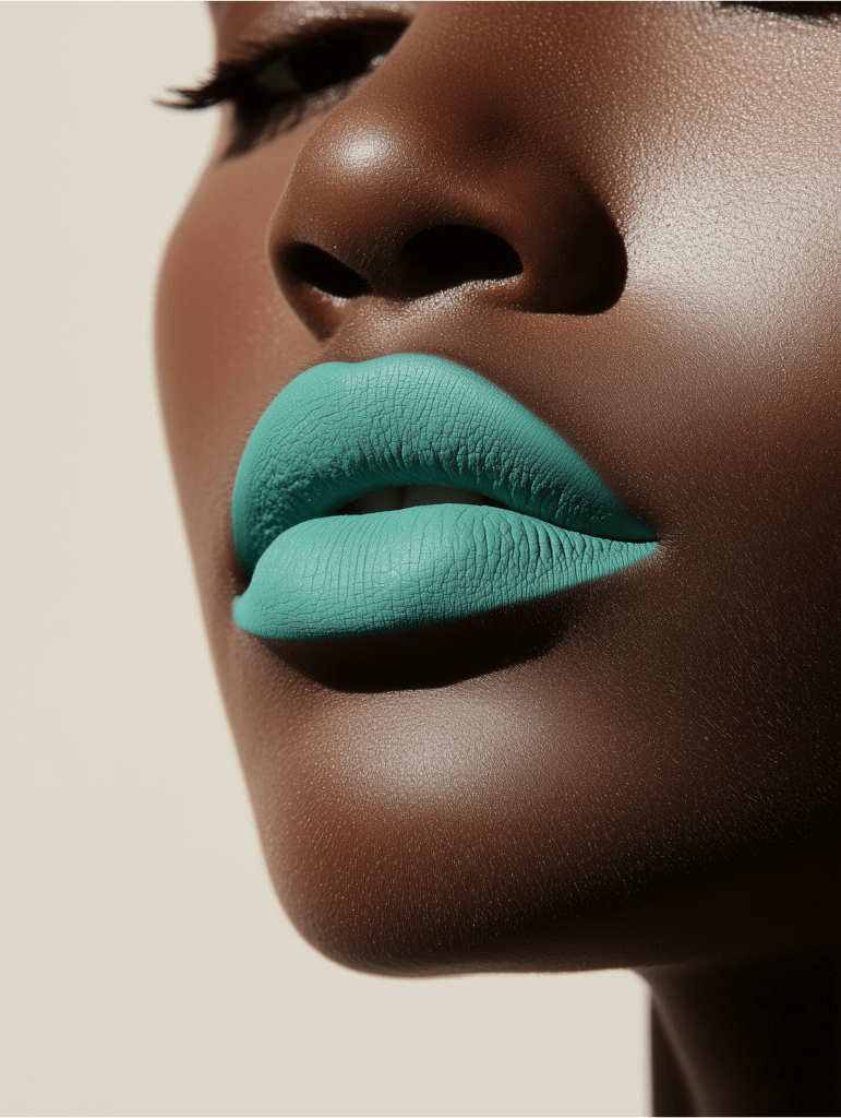 Extreme close-up of lips with vibrant aqua green matte lipstick