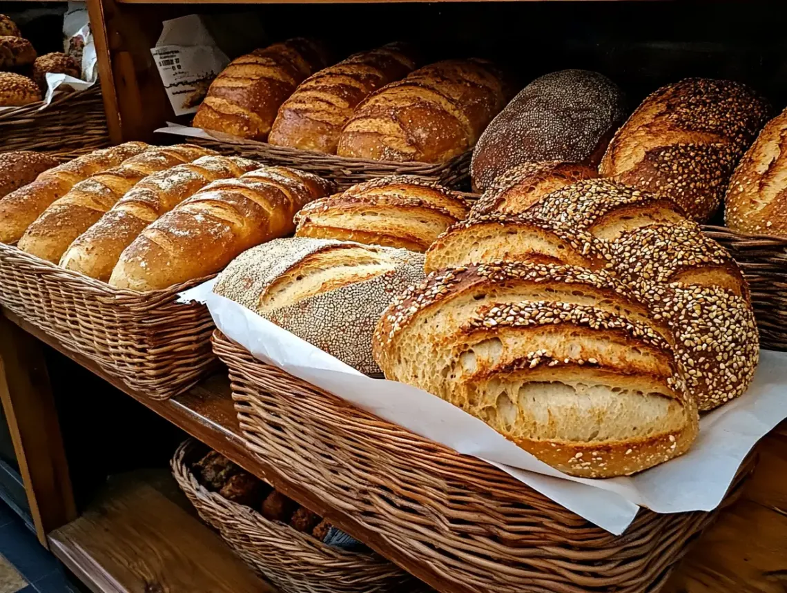 Variety of different shaped and sized bread loaves neatly displayed on well-organized shelves, under warm lighting.