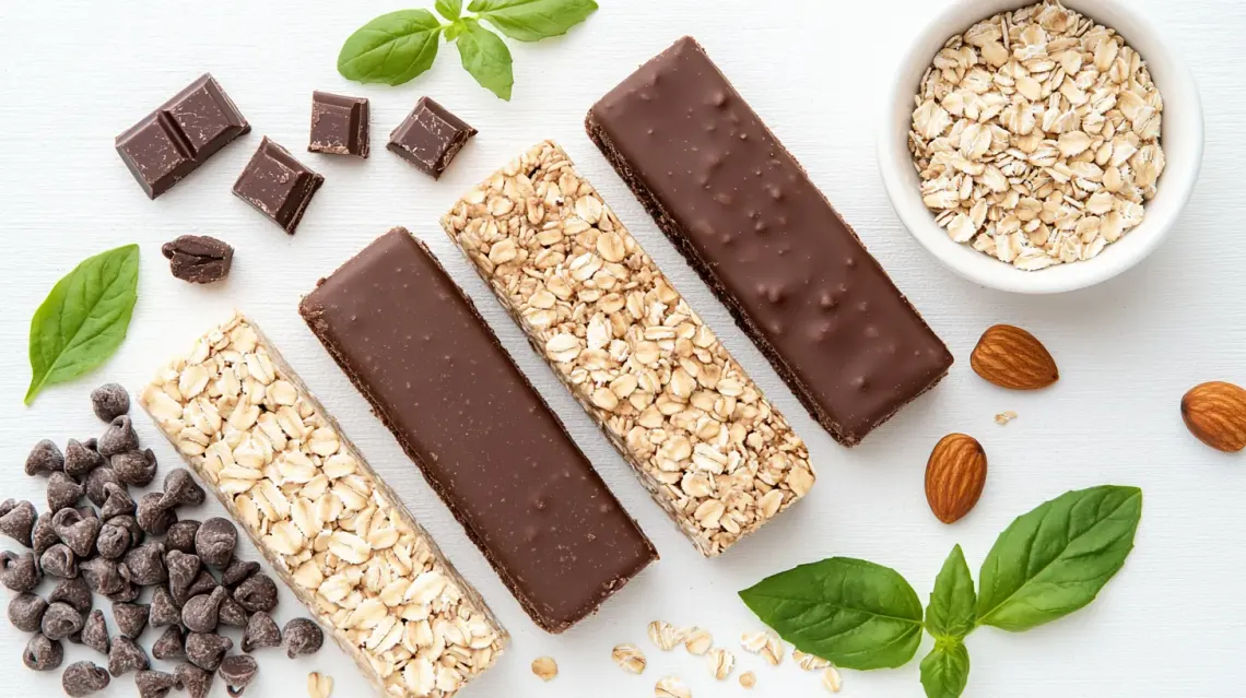 Assortment of various chocolate bars in colorful wrappers and mixed nuts spread on a clean, well-lit table.