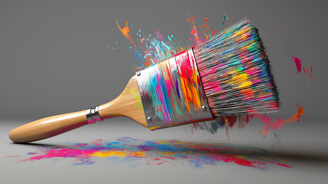 3D icon of a paintbrush with detailed bristles, wooden handle, and vibrant paint splatters.