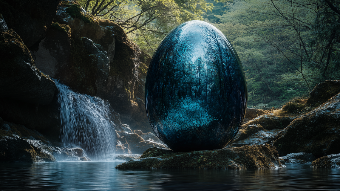 A blue dragon egg with a hard, textured surface sits in a forest stream, surrounded by water columns in bright daylight.