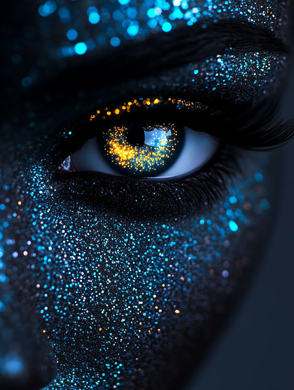 Close-up of blue eye with glitter, focused on intricate beauty and elegance.