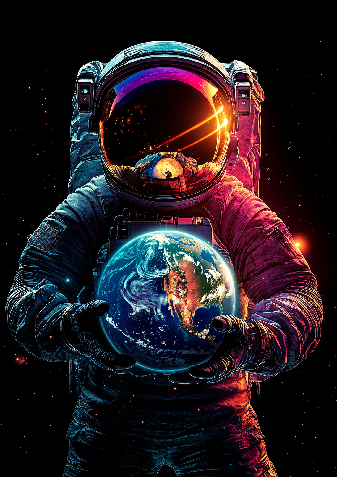 Digital painting of an astronaut holding Earth in their hand with vibrant colors and cosmic background