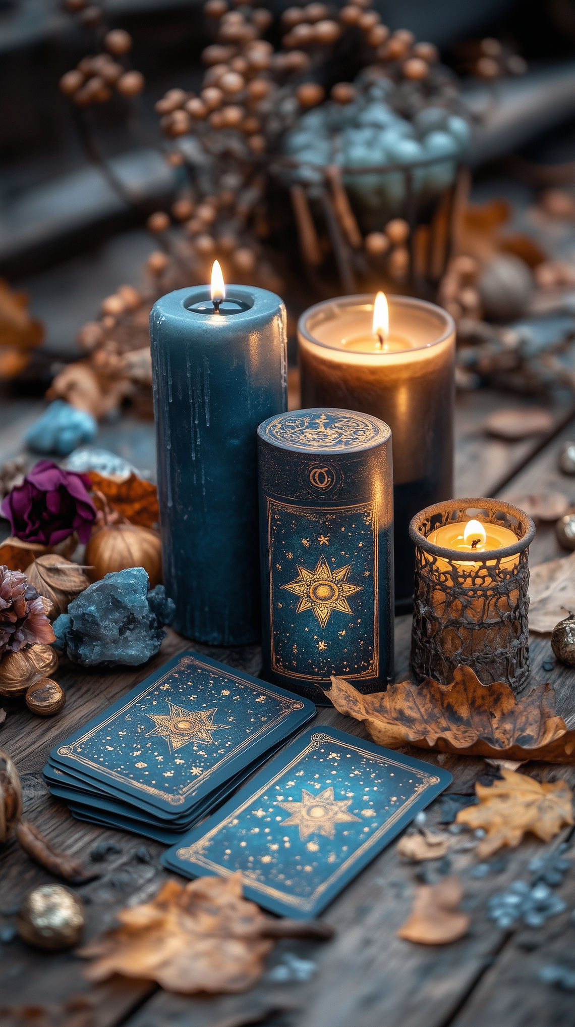 Tarot cards on antique wooden table with candles, crystals, and dried flowers in a rich, mysterious setting.