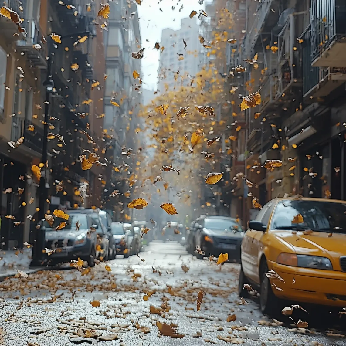 Grunge-style painting of falling leaves on a street tree in autumn, featuring orange, yellow, and gold tones.