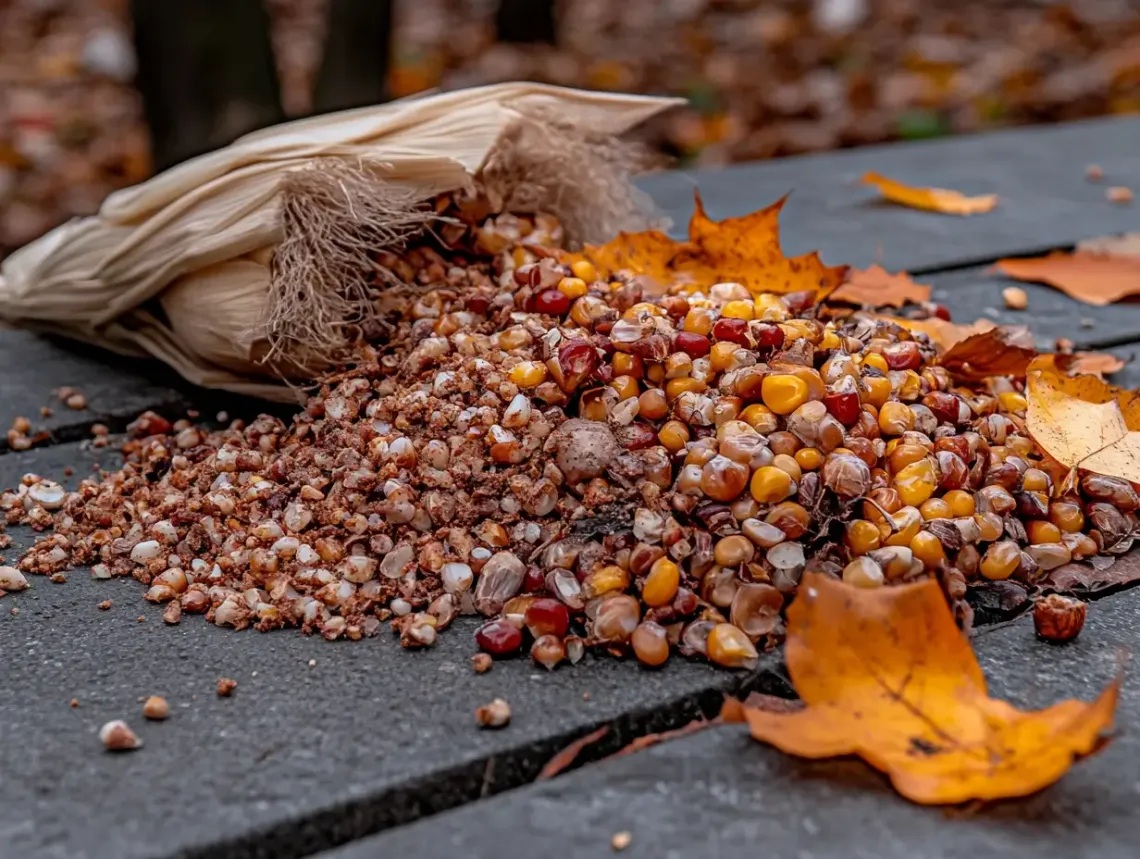 Rustic picnic table covered with assorted nuts and multi-colored leaves for a cozy outdoor snack experience.