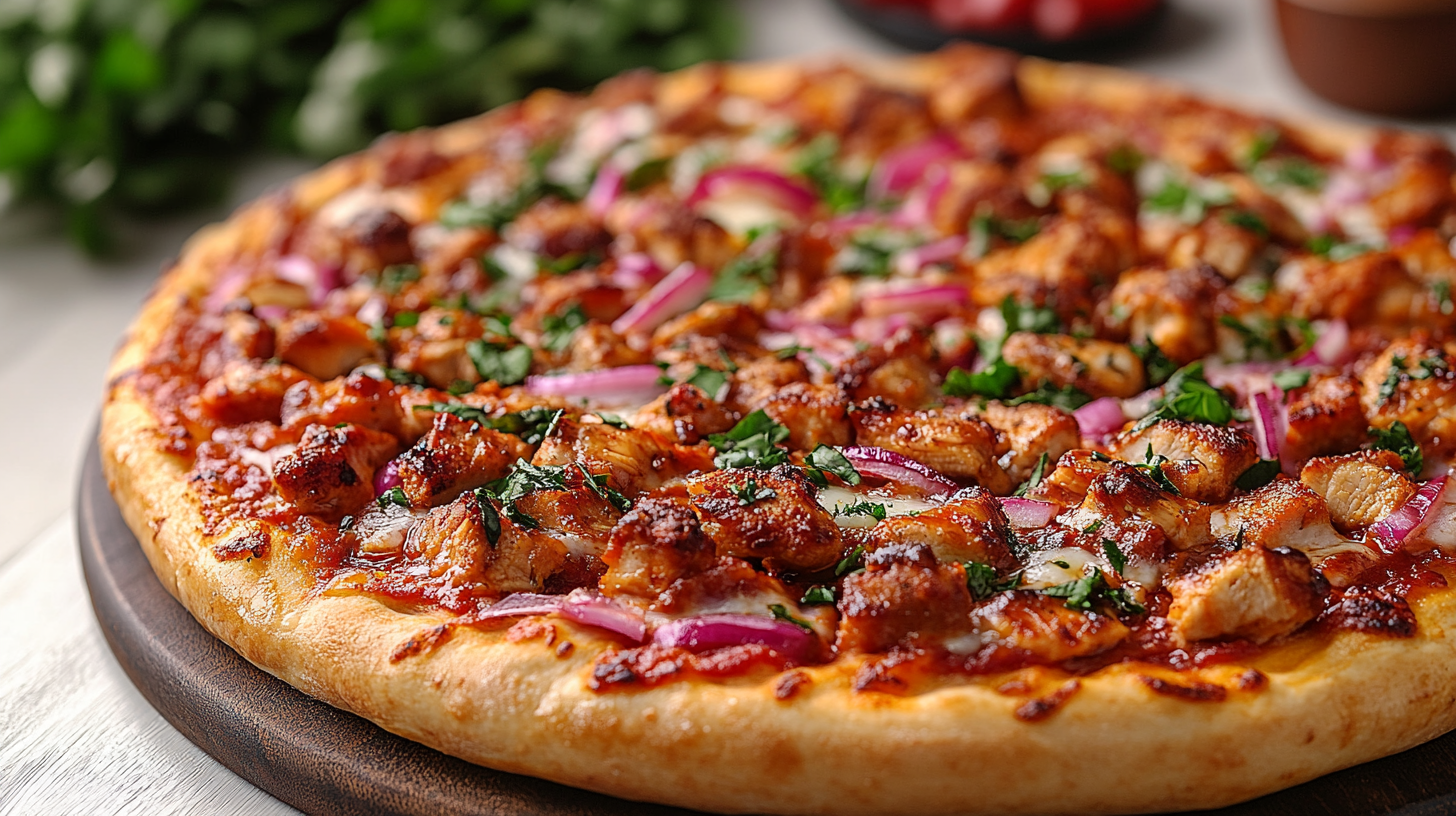 Top view of BBQ chicken pizza on a white background.