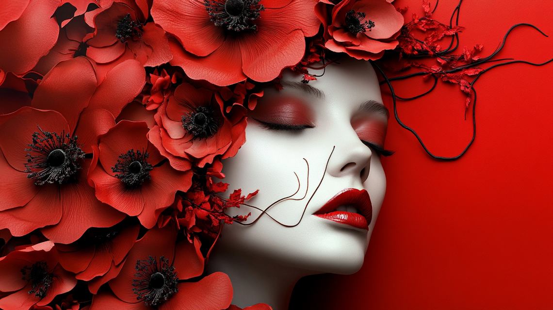 Woman's face surrounded by roses against a vibrant red background