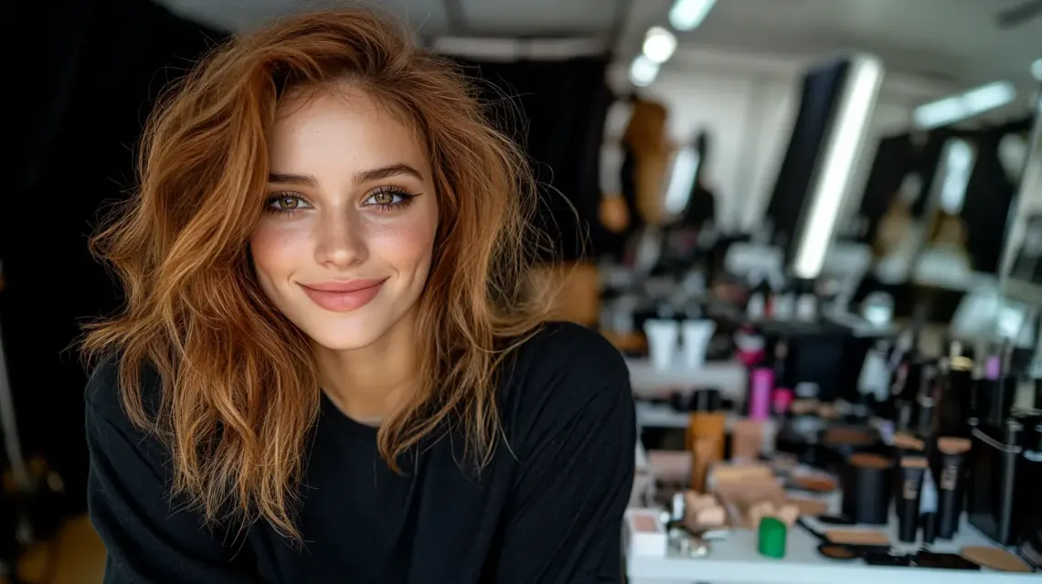 Woman applying makeup in front of a mirror, in a moment of concentration and self-care.