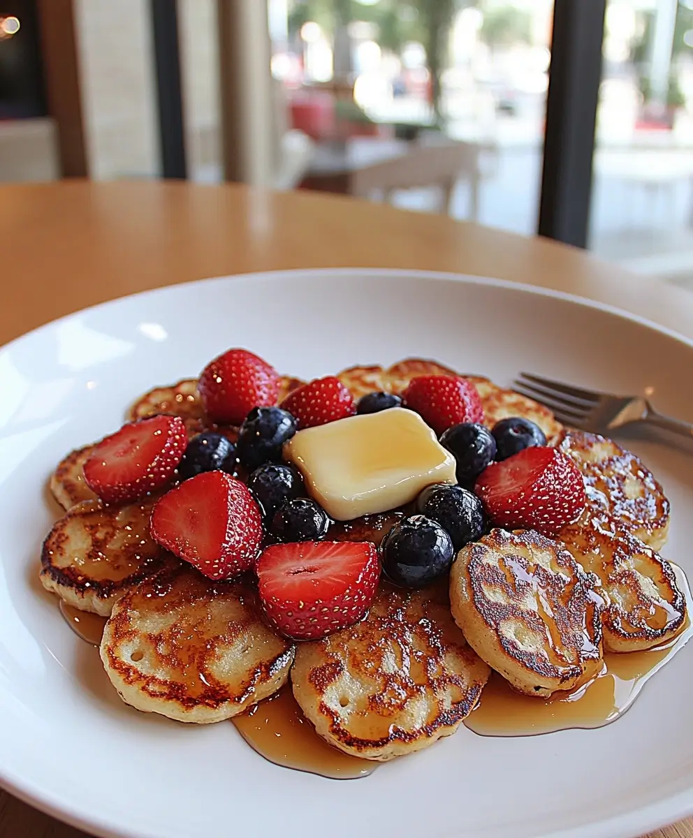 Fluffy golden pancakes topped with syrup and colorful berries creating a delicious breakfast treat.