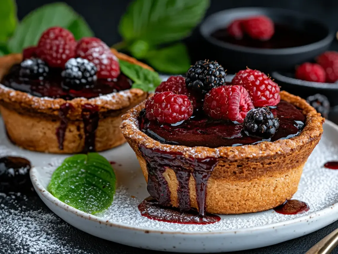 Decadent dessert with fresh berries and dark chocolate sauce, artistically arranged on a plate.