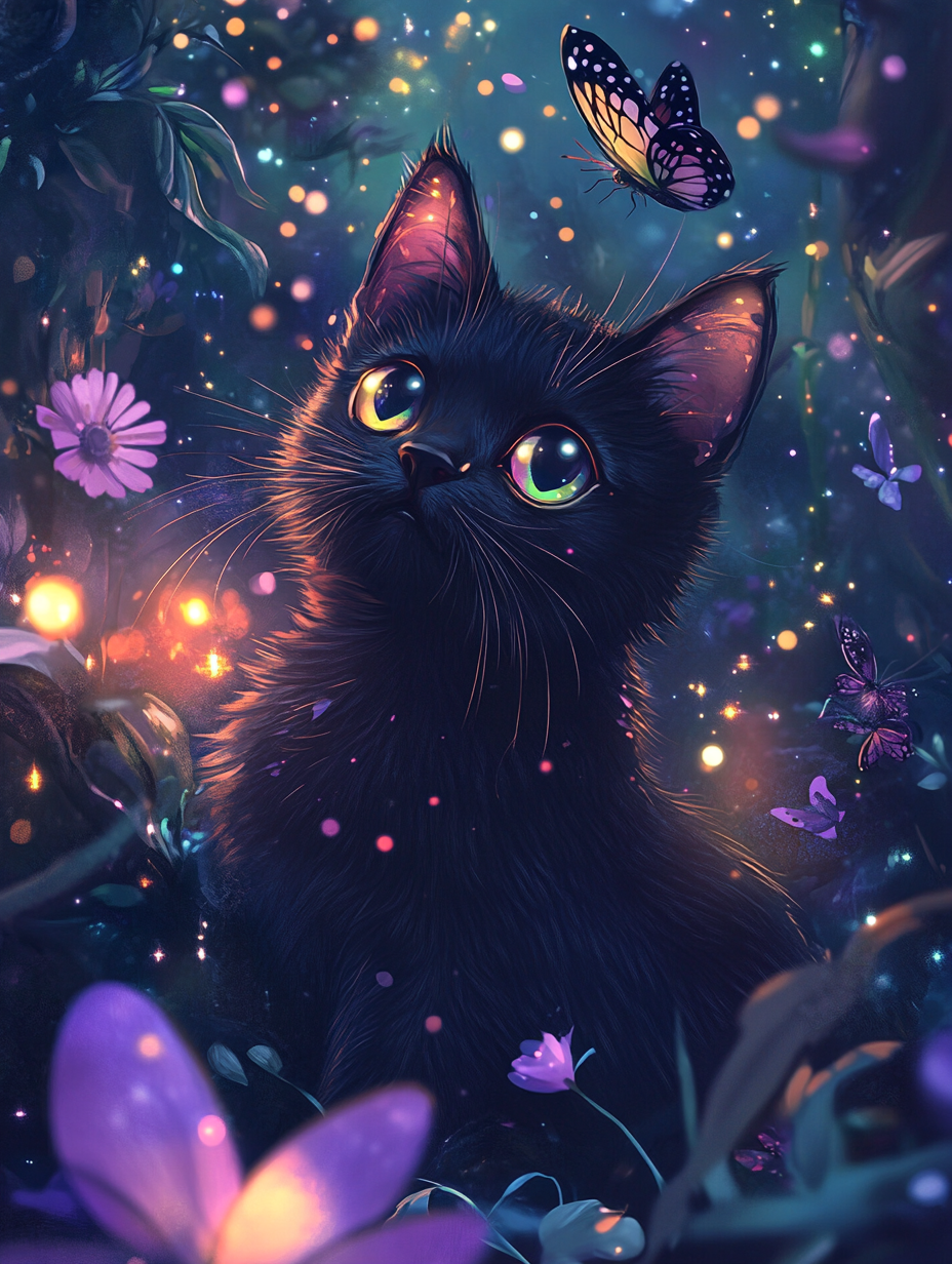 A black cat with glowing eyes surrounded by magical flowers and butterflies, under a starry night sky