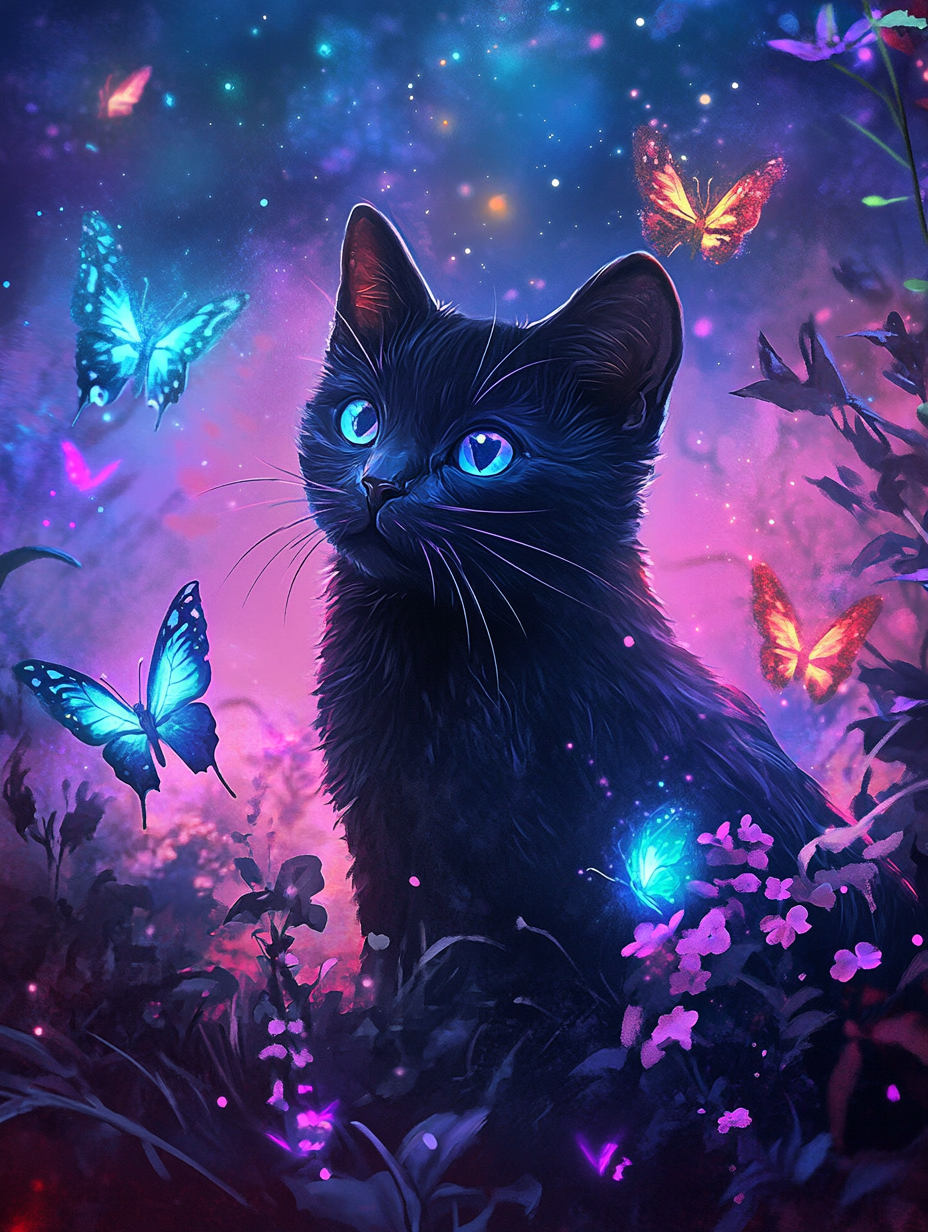 Anime-style black cat surrounded by glowing butterflies, with purple and blue watercolor background