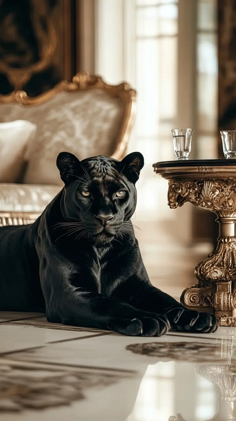 Majestic black leopard lying on the floor next to a simple table in a dimly lit room.