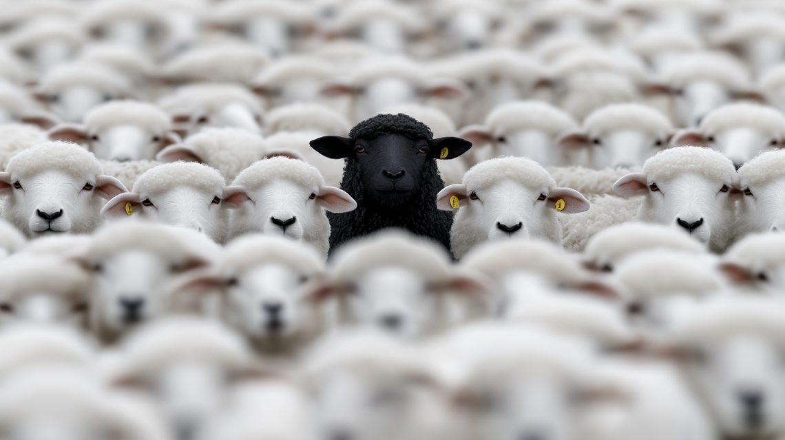 Large flock of white sheep with one black sheep in the center, standing on grassy field in bright light