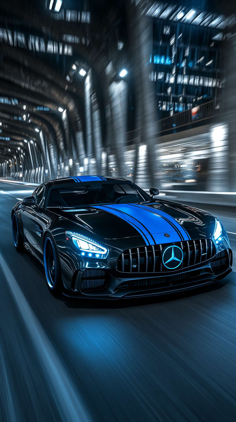 Black and blue Mercedes AMG GT 63 Coupe with blue stripes, driving at night in symmetrical composition.