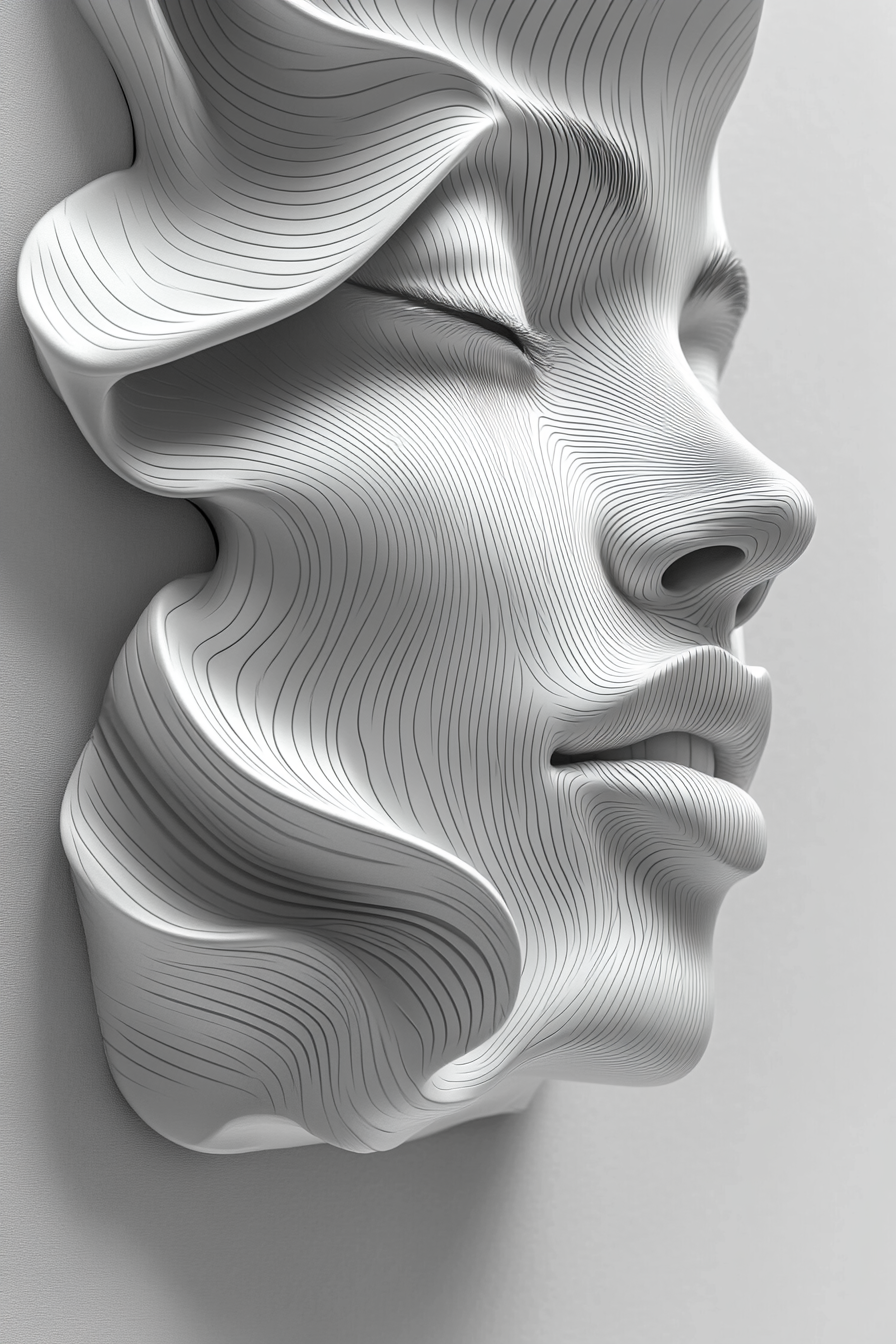 Abstract black and white portrait of a woman’s face in striped lines, with high contrast and detailed texture.