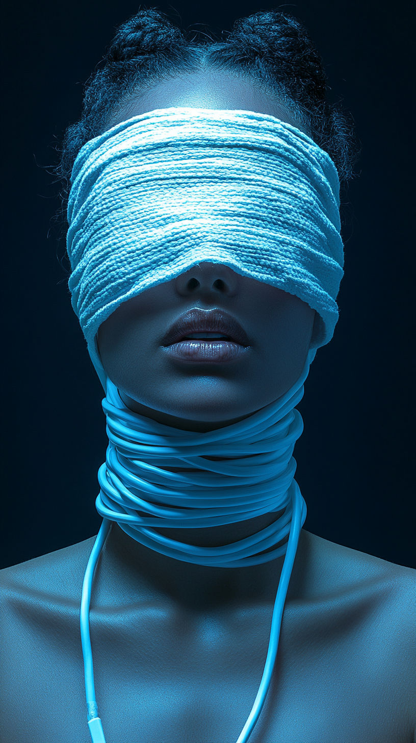 Blindfolded woman with iPhone white cables around her neck, surreal colors.