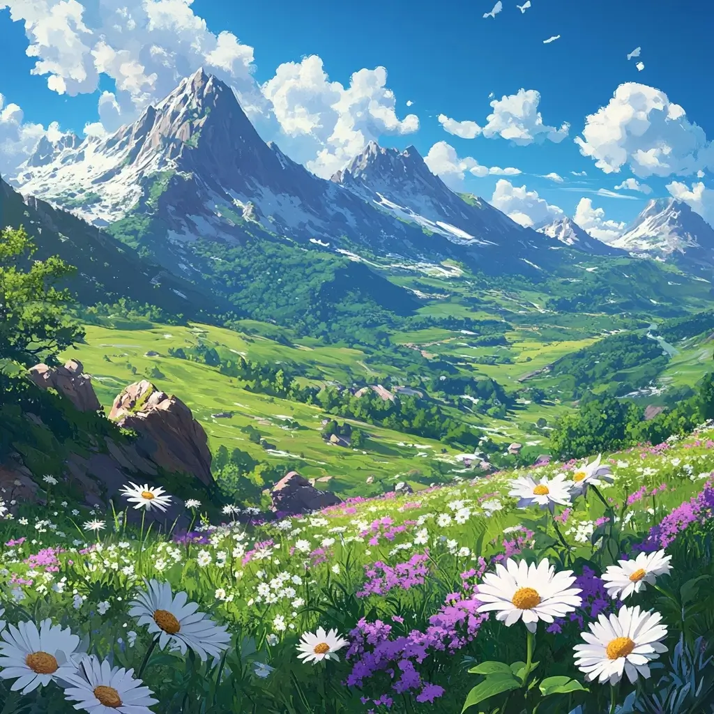 Artistic painting of a majestic mountain with vibrant flowers in the foreground. 