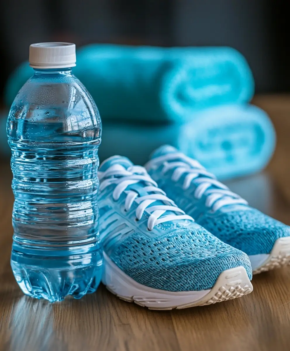 Vibrant blue athletic sneakers next to a clear, labeled water bottle on a plain background indoors.