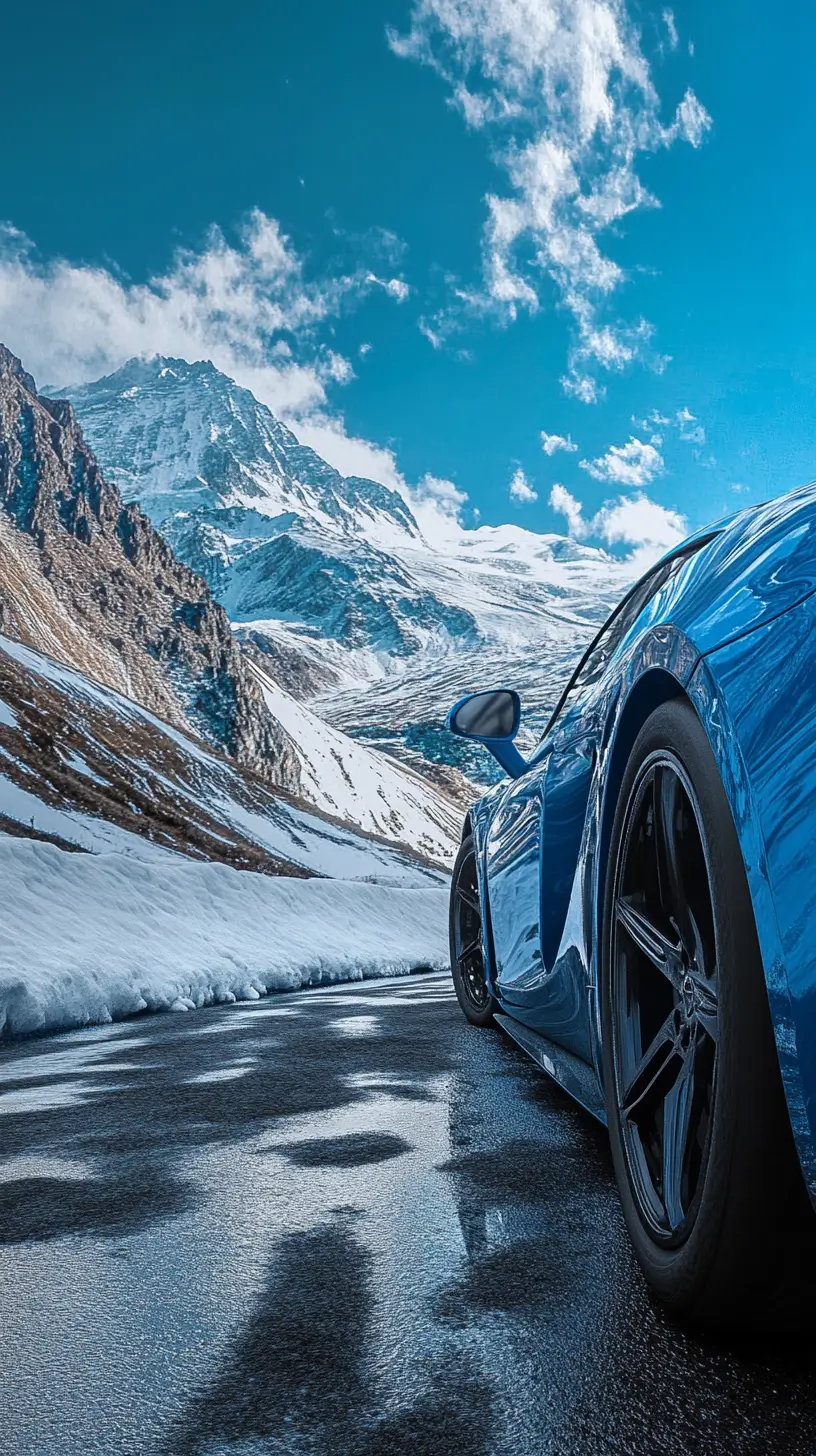 Sleek, modern blue sports car parked on a snowy road, strikingly contrasting against the serene, snow-covered landscape.