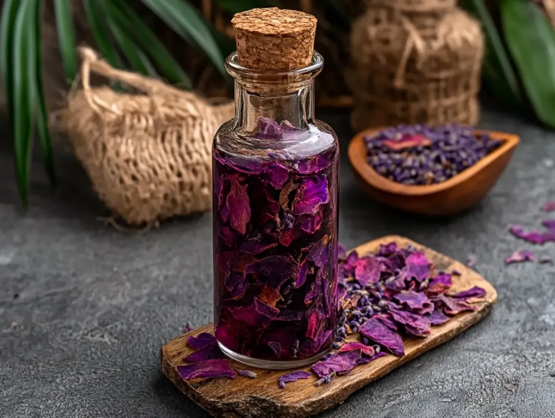 Transparent bottle filled with colorful dried flowers placed on a rustic wooden board, creating a tranquil scene.